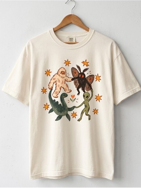 Comfort Colors Tops - Dancing Cryptids Graphic Tee, Bigfoot Mothman Alien Vintage Comfort Colors Unise
